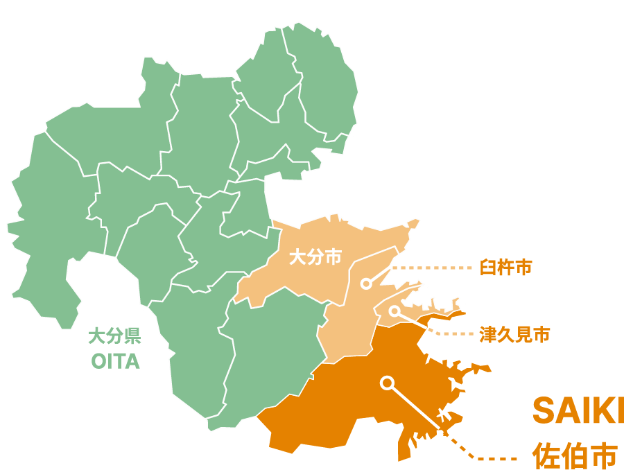 大分県の地図。佐伯電業社の対応エリアは大分県佐伯市、津久見市、大分市、臼杵市です。